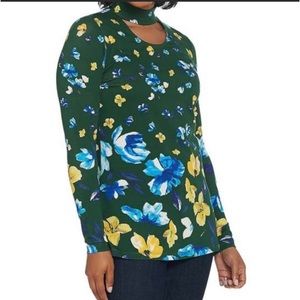 Isaac Mizrahi Choker Mock Neck Long Sleeve Dark Green Floral Top Large